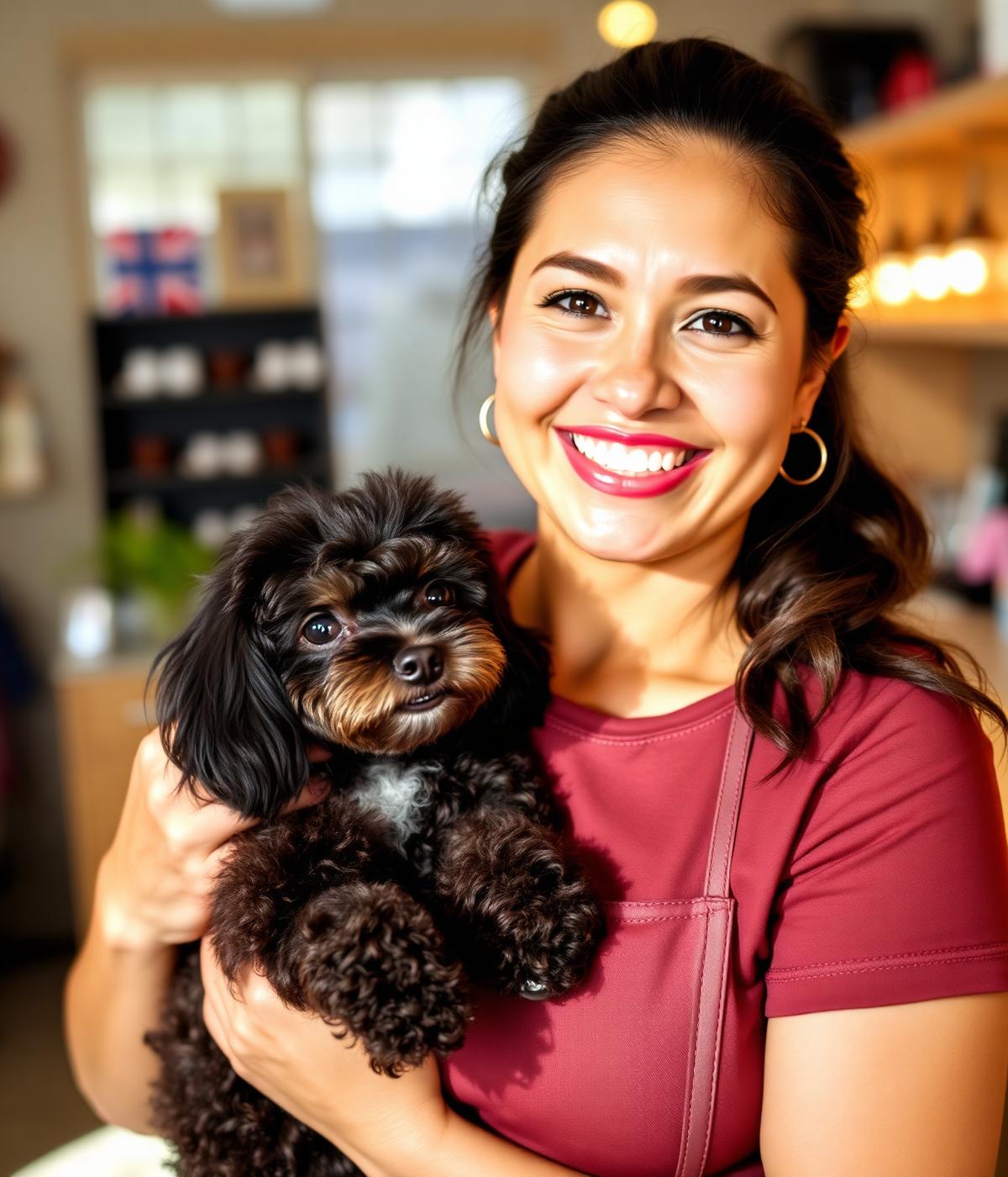Coketa smiling with a freshly groomed poodle