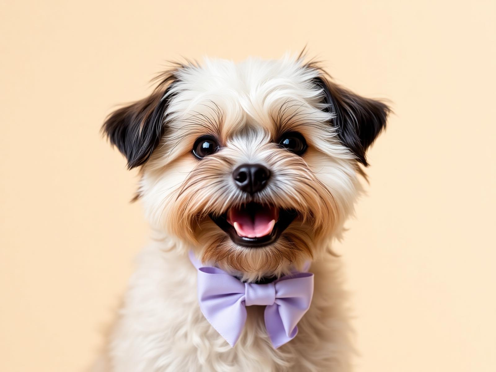 Happy freshly groomed dog with a lavender bow
